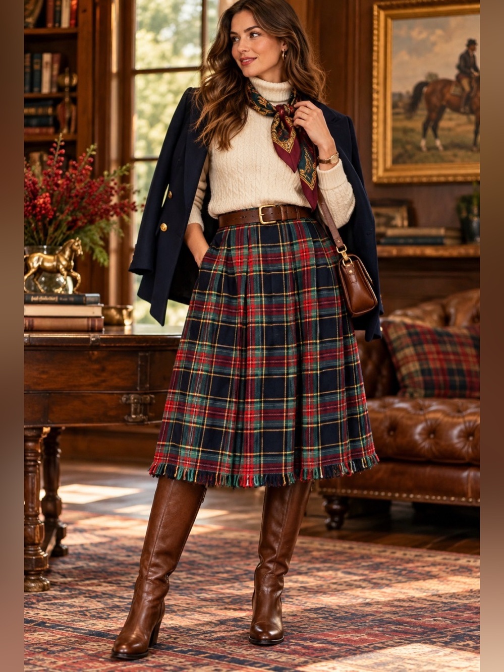 Vintage 80s- Chaus- Pleated Tartan, Plaid A-Line Skirt- fringe